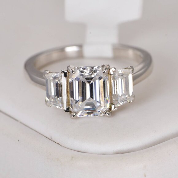 Certified 3.5 tcw Emerald Cut Moissanite Engagement Ring 925 - Picture 2 of 7